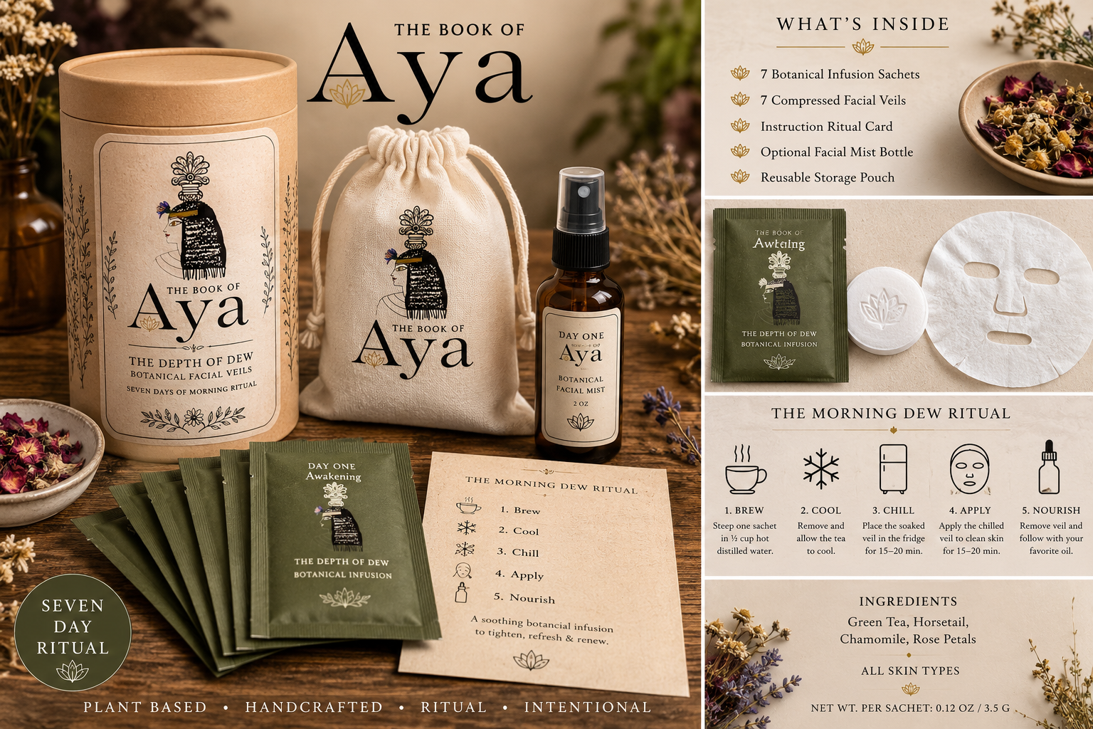 The Depth of Dew — seven-day botanical facial ritual kit with sachets, veils, and facial mist
